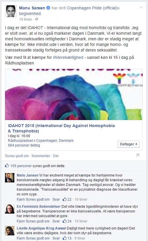 I dag er det IDAHOT - International dag mod homofobi og transfobi. Jeg er stolt over, at vi nu også markerer dagen i Danmark. Vi er kommet langt med homoseksuelles rettigheder i Danmark, men der er stadig meget at kæmpe for. Ikke mindst ude i verden, hvor alt for mange homo- og transseksuelle stadig forfølges på grund af deres seksualitet. Vær med til at kæmpe for #Merekærlighed - uanset køn kl 16 i dag på Rådhuspladsen