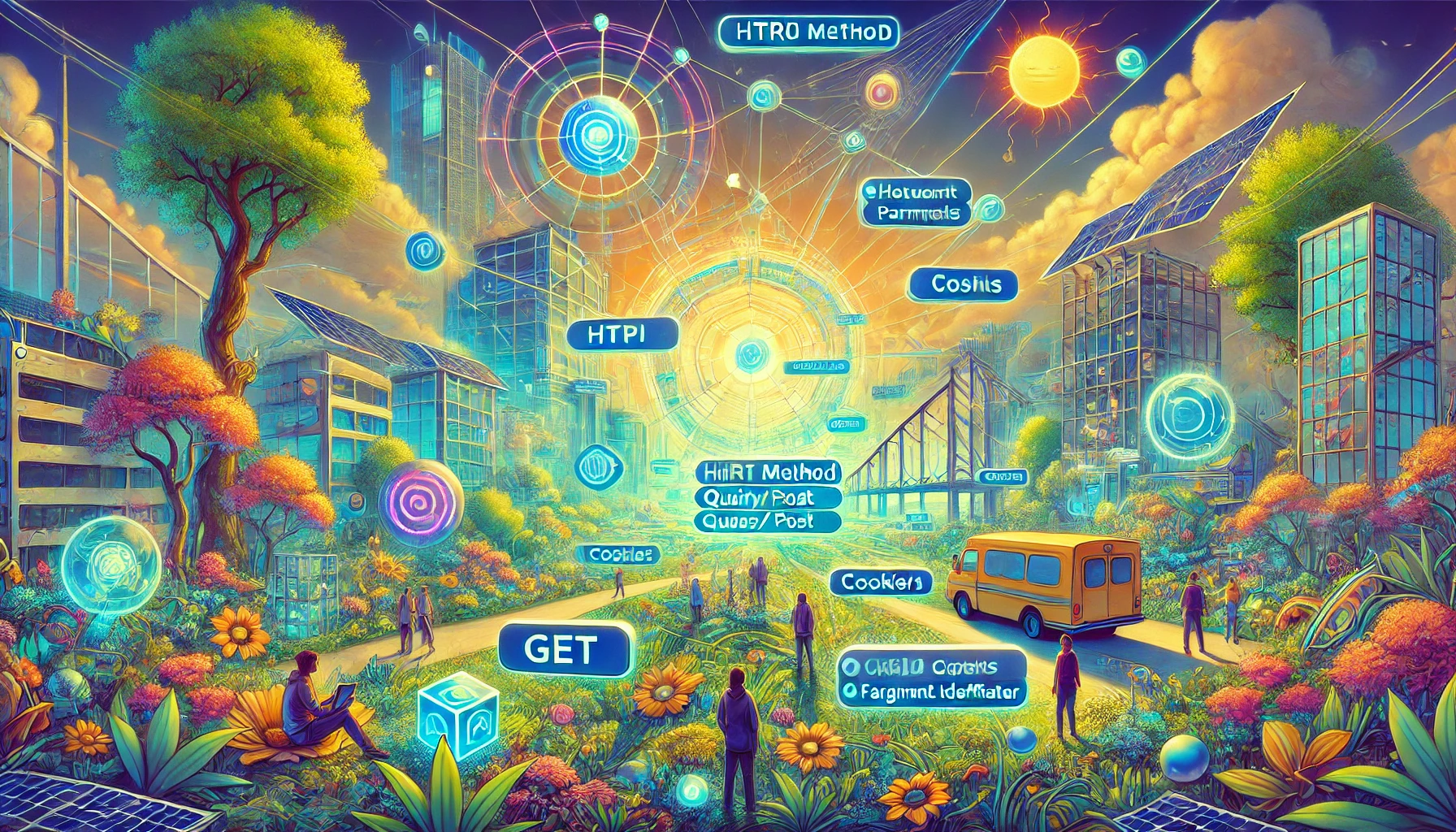 An illustration in an optimistically nihilistic solarpunk style depicting the components of an HTTP GET request. The scene features a vibrant, futuristic city with a blend of natural and technological elements. Lush greenery, solar panels, and advanced technology reflect a harmonious balance between nature and tech, with an underlying theme of accepting the impermanence and fluidity of digital communication in a world of endless possibilities.