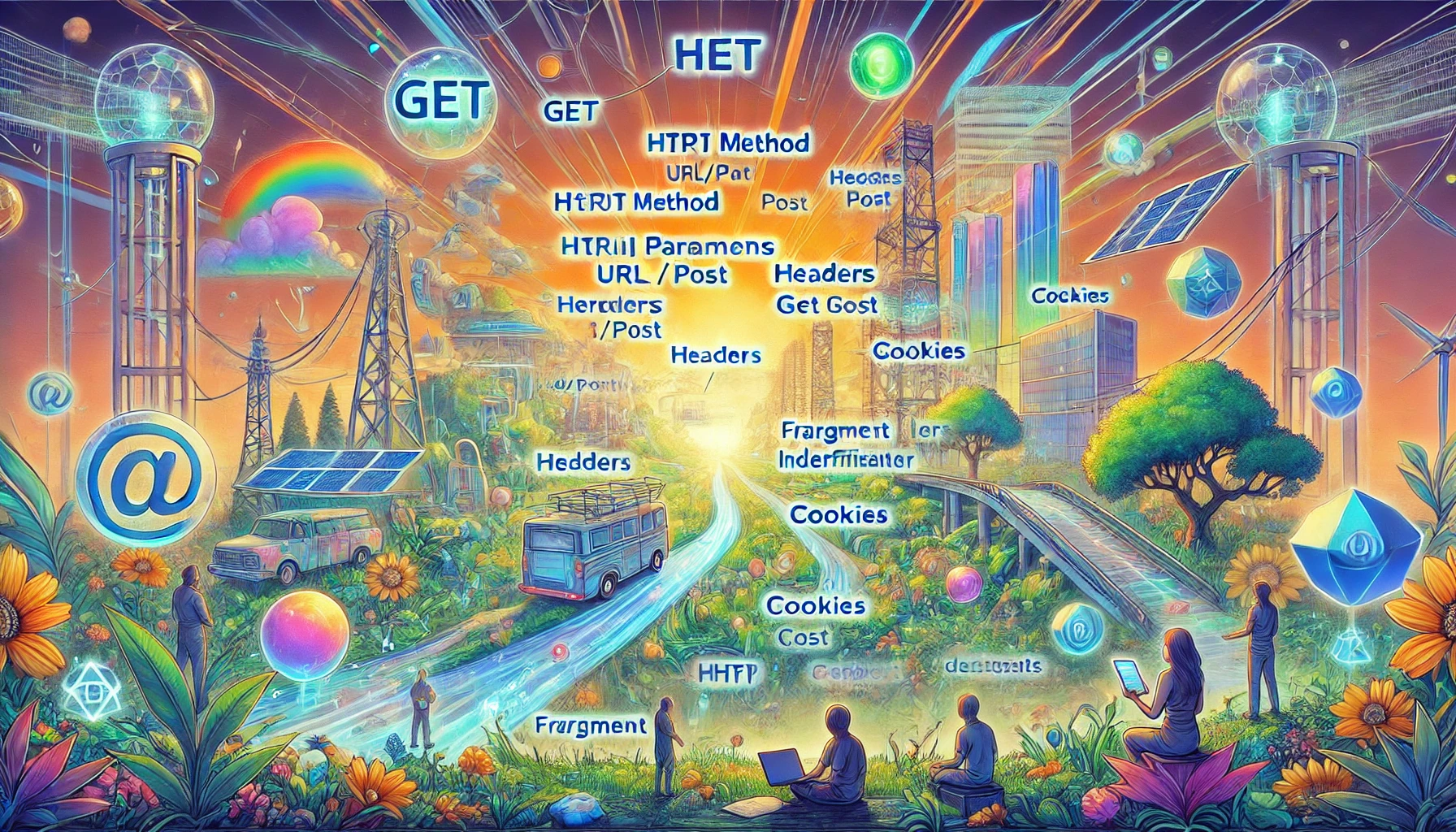 A diverse group of people interacts with large, transparent screens displaying various components. The Request URL/Path is highlighted as a path through a digital landscape. The HTTP Method is depicted as flowing streams of data labeled with GET, POST, etc. Query Parameters are illustrated as colorful data bubbles or floating icons. Headers appear as floating panels with metadata. The Host is represented as a glowing, central hub or server. Cookies are visualized as small, whimsical tokens or orbs. The Port is depicted as a network gateway or port with a futuristic design. A Fragment Identifier is shown as a small, distinct part of a larger image.