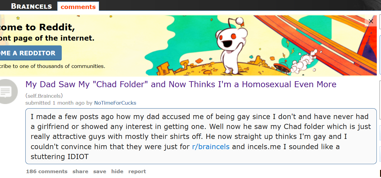 Et billede fra reddit, hvor en bruger klager sin nød over at blive opfattet som homoseksuel pga. sit 'Chad' mappe