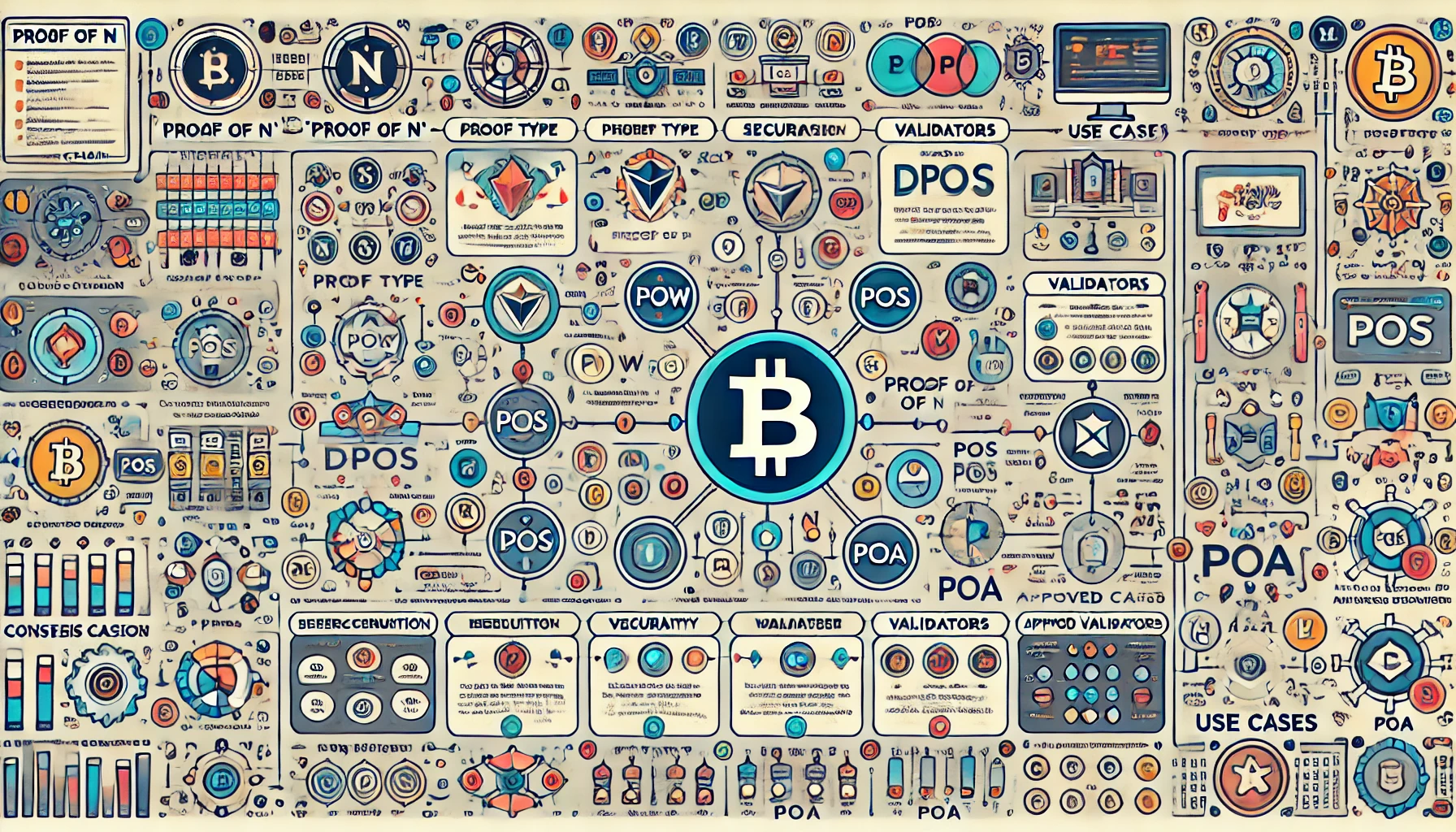 A wide format illustration for different 'proof of N' consensus mechanisms in blockchain cryptography. The infographic features a central image of a blockchain or distributed ledger with surrounding icons representing each 'proof of N' type, each with brief descriptions. The flowchart shows how different consensus mechanisms work, with nodes for PoW, PoS, DPoS, PoA, etc., and arrows depicting the process from validation to block creation. The comparison table includes columns for Proof Type, Energy Consumption, Security, Scalability, and Use Cases, with rows for PoW, PoS, DPoS, PoA, etc., using icons and color coding. Individual diagrams illustrate each 'proof of N' type, such as miners solving puzzles for PoW, validators with stakes for PoS, approved validators for PoA, etc. The network visualization highlights different nodes in a blockchain network, using colors or shapes to represent various consensus mechanisms. Use case scenarios depict practical applications, such as Bitcoin using PoW and Ethereum using PoS.