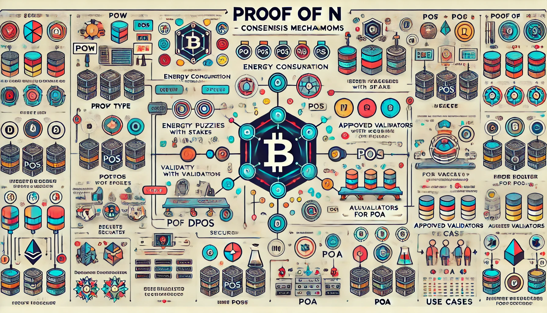 Another decopage full of blockchain-related-iconography with Bitcoin featuring prominently in the middle and surrounded by 6 prominent circles reminiscent of 'the particle collider' in Ethereian singularity node theory