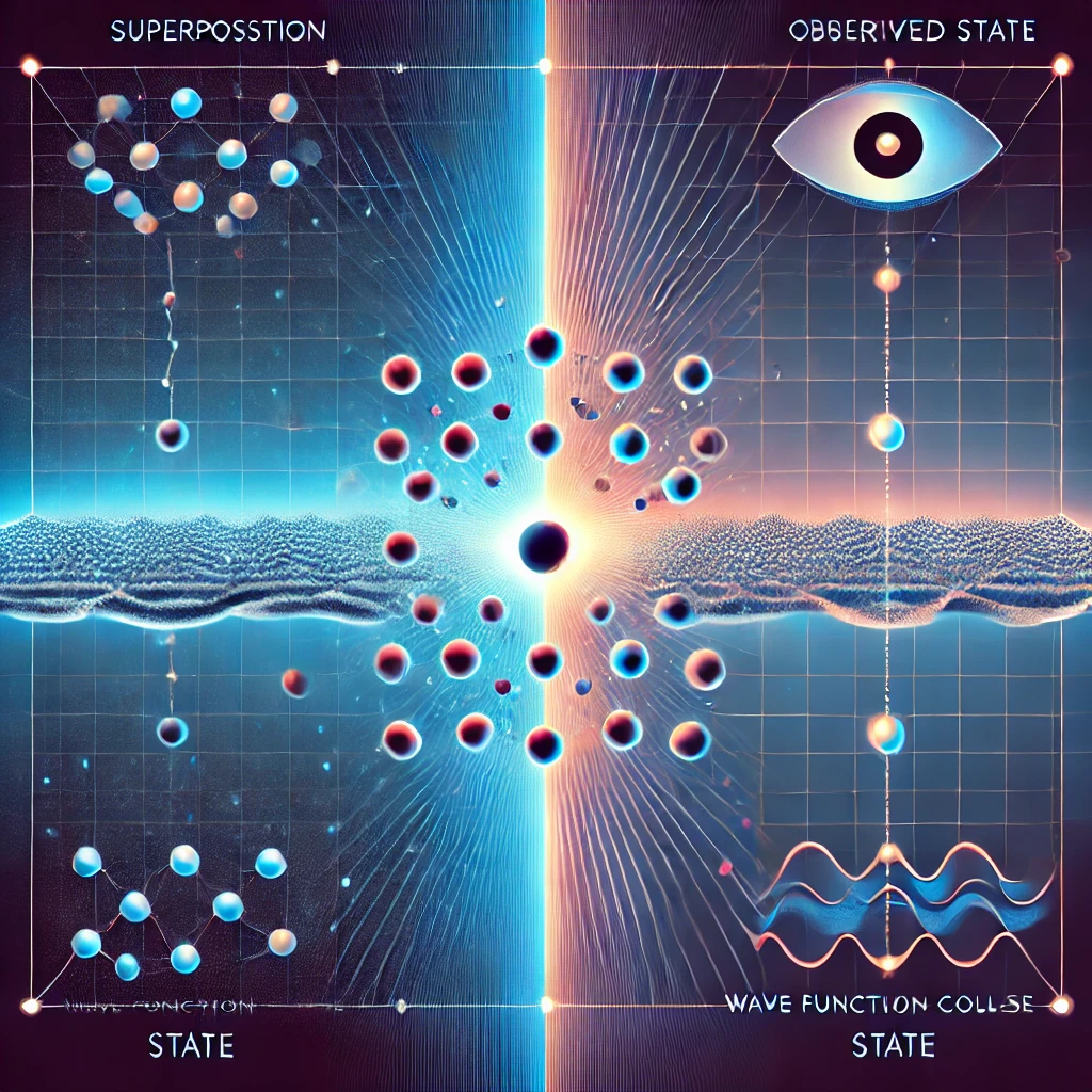 Illustration af kvante-observer effekten. Fra superpositionen i øvre venstre kvadrant illustreret med en samling partikler eller cirkler forbundet med streger, hvor én partikel er på vej væk i nedadgående retning til den observerede tilstand i højre øvre kvadrant, illustreret med et abstrakt øjelignende objekt eller teleskop, og fra nedre venstre kvadrant er illustreret en tilstand i form af et molekyle eller nodetræ, og i nedre højre kvadrant: bølgefunktionens kollaps